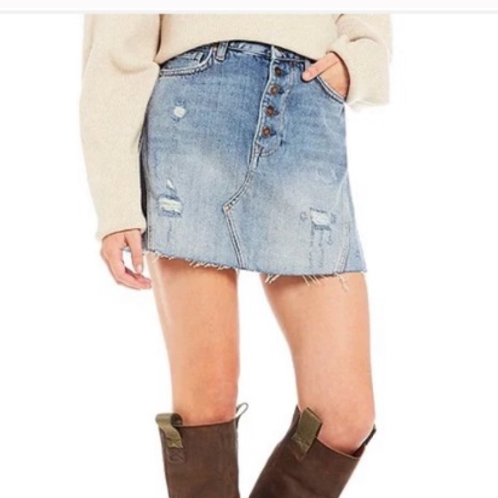 WE THE FREE A-Line Button Fly Distressed Denim Mini Skirt